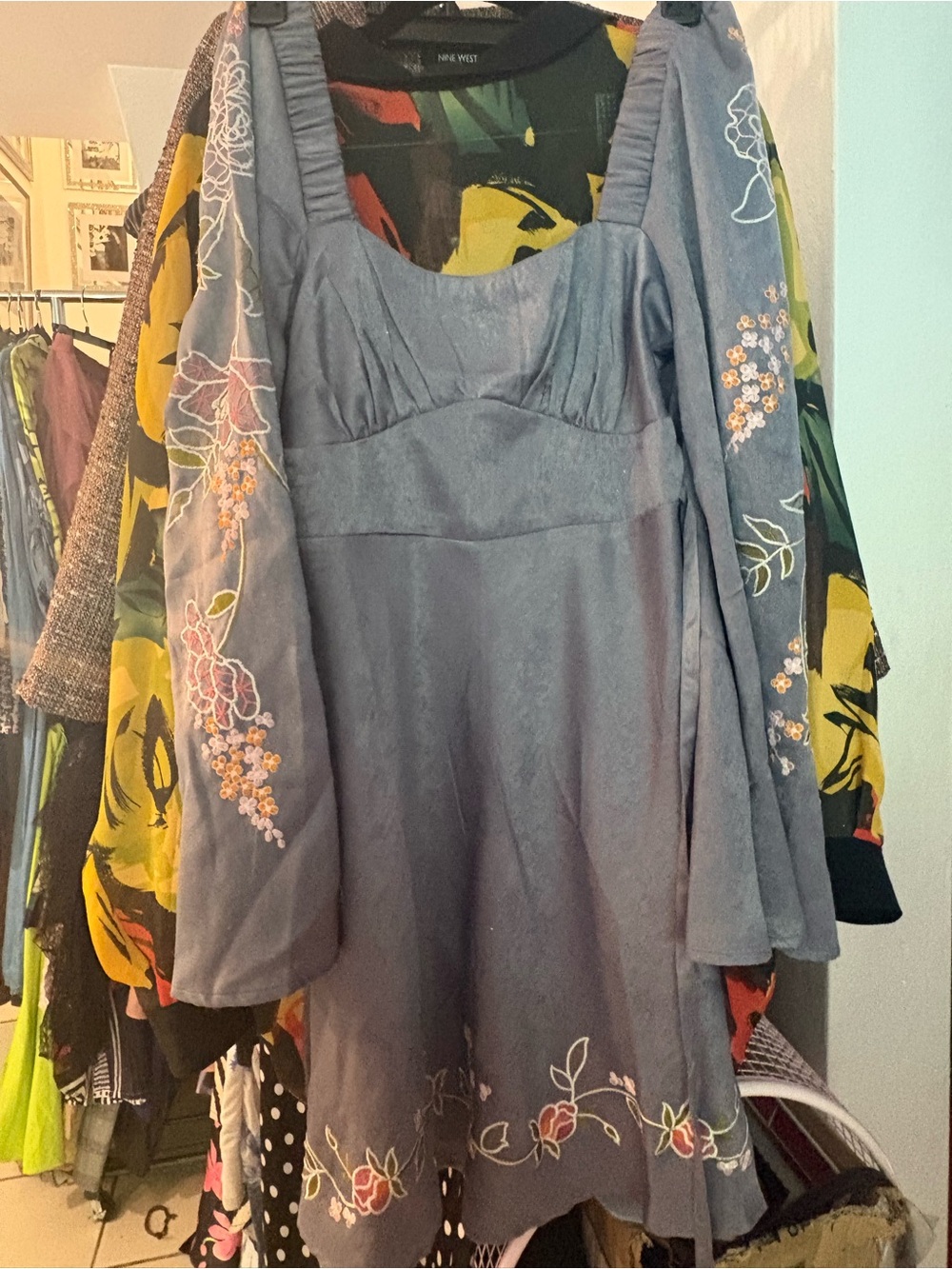 NWT Asos Dusty Blue Floral Embroidered Long-Sleeve Square Neck Dress. Size 4.